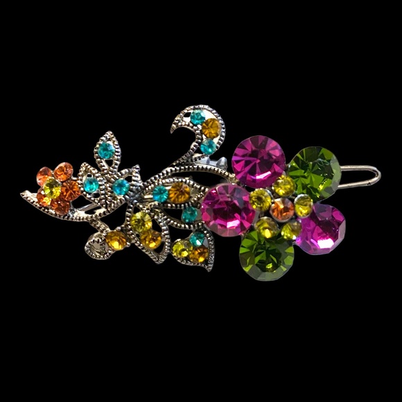 Silver Tone Sparkling Floral Crystal Barrette - Picture 5 of 5